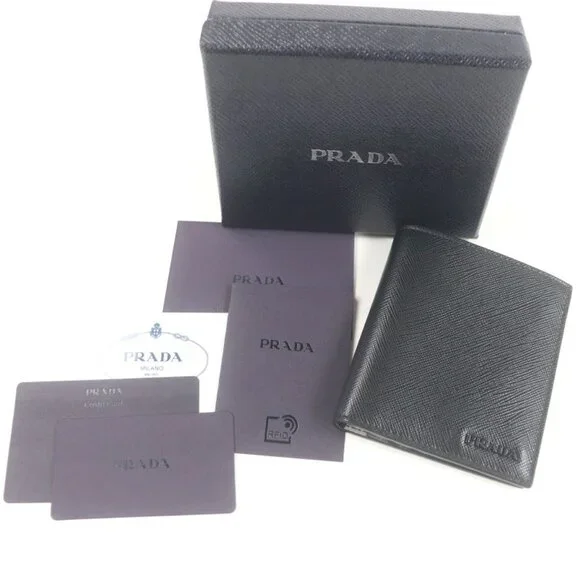Prada 2 Mo004 Logo Plate Saffiano Martic Leather Bifold Card Case Billfold Nero - Picture 2 of 9